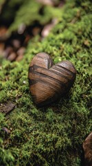 Wooden Heart Resting on Mossy Surface Close Up Macro Shot of Nature's Love Symbolism in Forest Setting