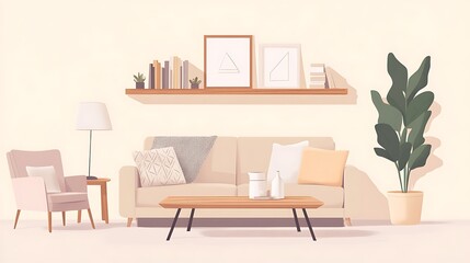 Living room with sofa, armchair, lamp, table and plant with wall art