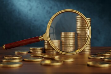 Magnifying Investment Growth: Gold Coins Stacked in a Magnifying Glass
