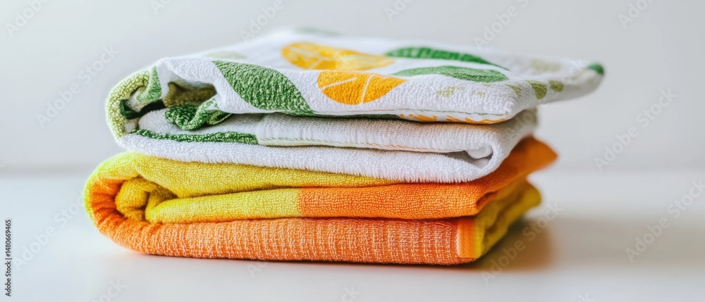Poster stack of folded towels in warm tones with leaf pattern close up still life studio shot on white back