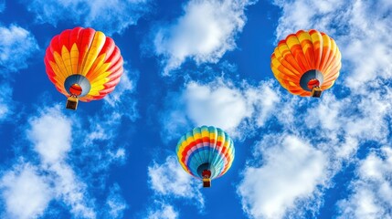 Obraz premium Colorful Hot Air Balloons Soaring High Above Fluffy Clouds Blue Sky Summer Adventure Travel up red