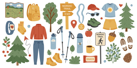 Set of hiking and nordic walking equipment, accessories, clothing, nature elements, food, and trail signs for outdoor adventure and healthy lifestyle concepts. Flat hand drawn vector illustration