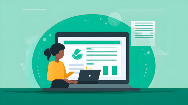 Woman working on laptop with charts and document on screen in green themed graphic style image