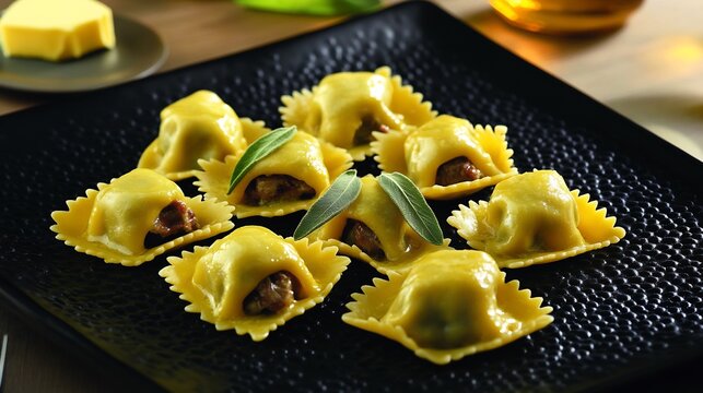 Regular view of Agnolotti del Plin small stuffed pasta pocket filled roast meat served butter sauce sage presented black textured plate Piedmontese pasta northern Italy cut out isolated transparent