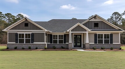 Ranch house, sunny day, trees, green lawn, suburban