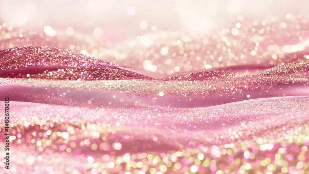 Poster elegant waves with shimmering sparkles in soft pink and gold hues, flowing smoothly, creating an ele