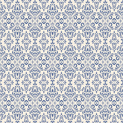 Ornate seamless pattern with sophisticated damask design. Vertical classic blue intricate background in 18th-century French or Baroque style for textiles, wallpapers, packaging.