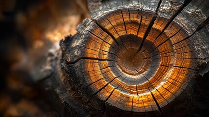 Fototapeta premium Barnwood knots extreme closeup revealing intricate weathered wood grain illuminated by golden light showcasing circular growth rings deep crevices rustic texture warm amber hues