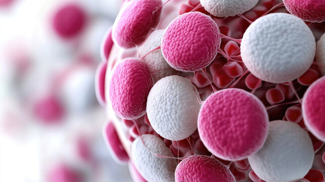 Microscopic close-up shows pink and white cellular structures interconnected