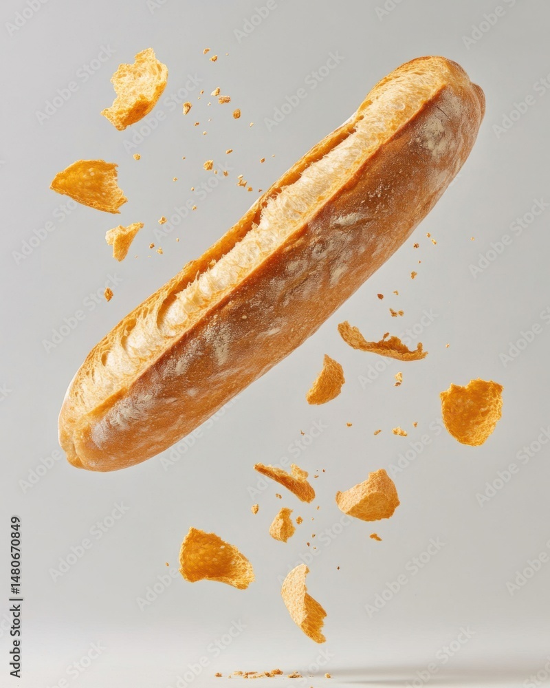 Poster studio shot of baguette levitating with crumbs floating against a plain background in a food photogr