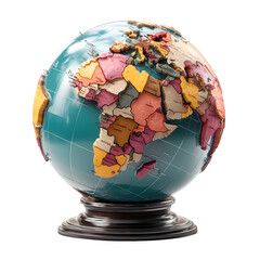 Close up of a colorful globe showing africa and asia on a dark stand against white
