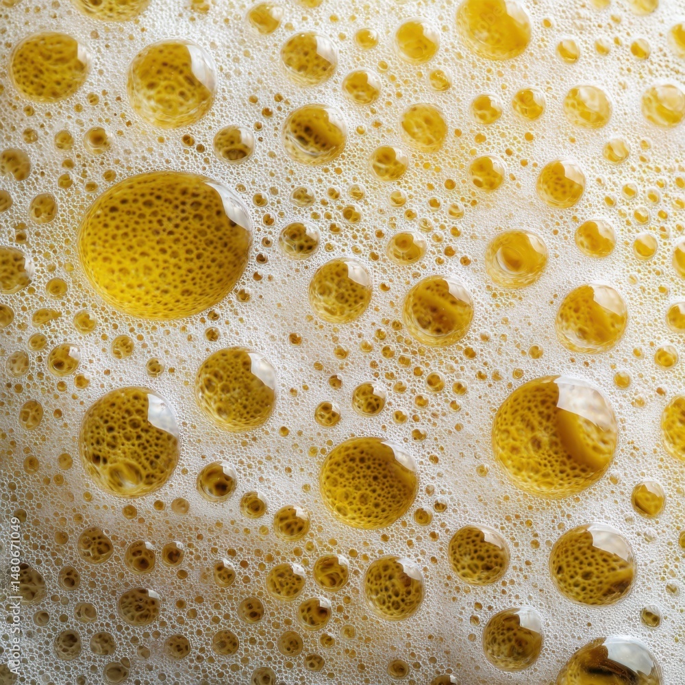 Poster close-up of beer foam with golden bubbles and white froth creating a textured surface from above stu