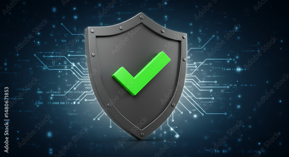 Poster shield with check mark: represents security, protection, and validation in a digital environment. sy