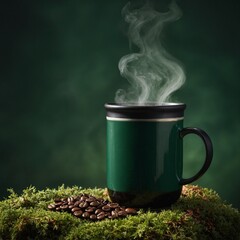 A camping-style mug of coffee with steam, isolated on forest green background.