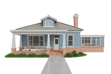Charming Blue House with White Columns and Porch Architectural Design Rendering
