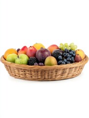 Basket of Fresh Fruits Still Life on White Background Eye Level Shot in Studio Setting Healthy Eating Concept