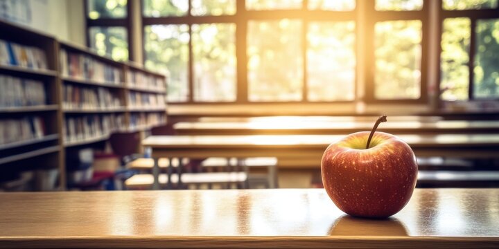Red Apple on Wooden Desk in Bright Library Classroom book food life ripe books study light fruit