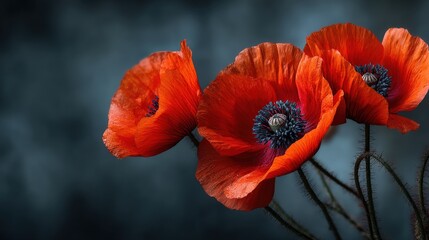 Vivid Poppy Trio: Close-up shot of vibrant red poppy blossoms in full bloom. Capture the beauty, detail, and delicate petals against a soft backdrop.