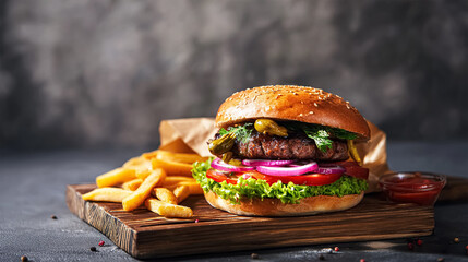 Fast food delivery menu background with various burgers, cheeseburger, nuggets, french fries, fizzy soda drinks. Junk unhealthy fast food, Ultra processed food with low nutrition, high calories value.