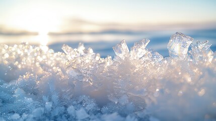 Alaskan ice patterns showing delicate crystal formations with golden light filtering through translucent edges creating natural prism effects