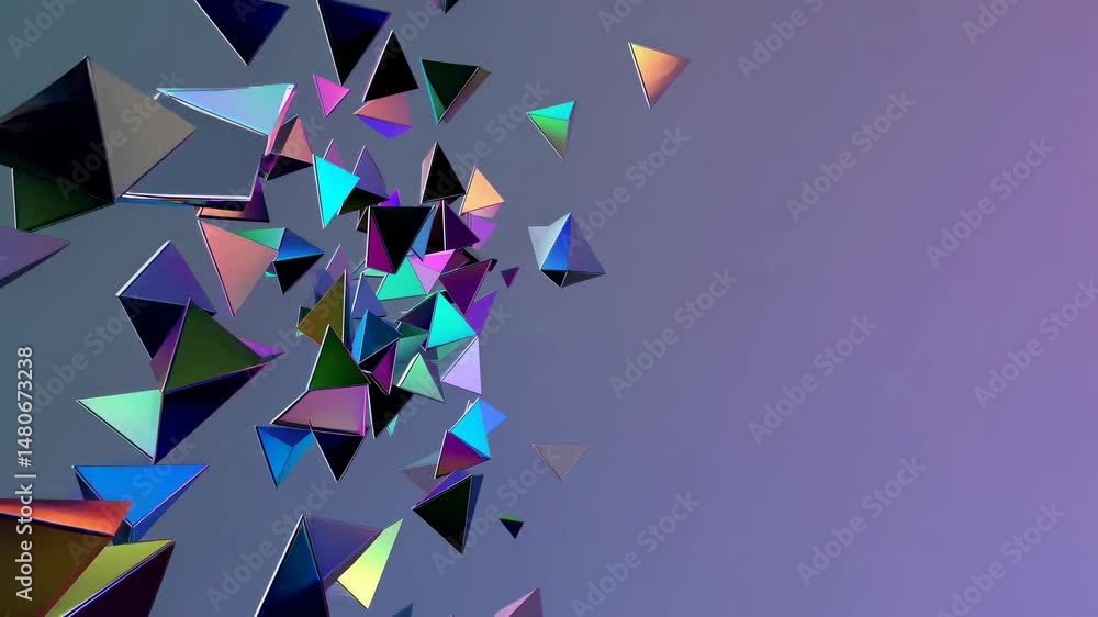 Aufkleber metallic geometric pyramids rotating gently, floating over iridescent gradient revealing contemporar