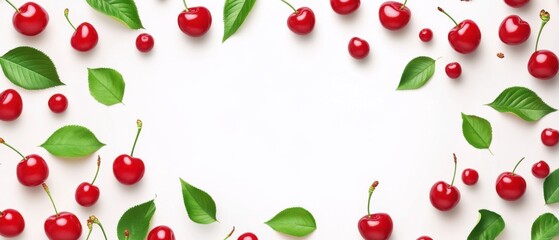 Fresh Red Cherries and Green Leaves Arranged on White Background Flat Lay Minimalist Style Food Photography
