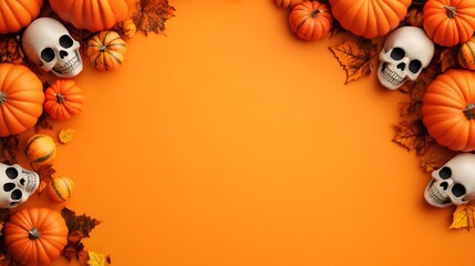 Fototapeta premium Halloween background with skulls and pumpkins framing orange backdrop