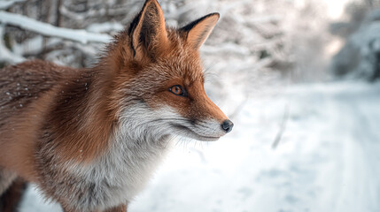 Fototapeta premium A young red fox with a bushy tail standing on top of a rock in autumn.