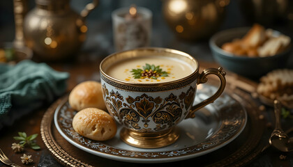 Fototapeta premium Creamy Soup in Ornate Mug with Bread Rolls Iftar Ramadan Meal
