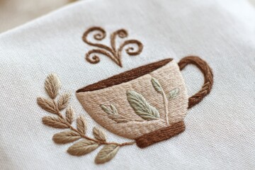 Embroidered cup design featuring intricate leaf patterns and steam details, showcasing craftsmanship and artistic expression in textile art, perfect for home decor or creative projects