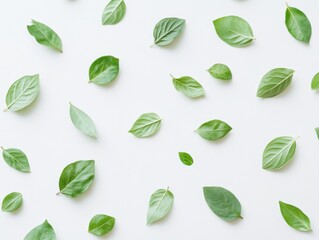 Naklejka premium Scattered fresh green leaves on white background flat lay top down view nature pattern organic foliage botanical