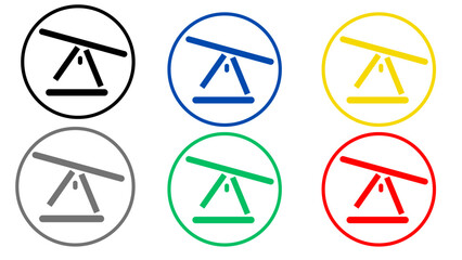 Set of six balance-themed icons in colorful circular frames—black, blue, yellow, gray, green, and red—ideal for concepts like equilibrium, justice, wellness, and stability in design projects.

