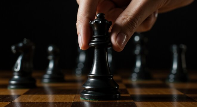 Close-up of hand moving black king chess piece on board in strategic game - Powered by Adobe