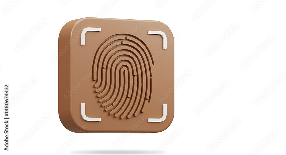 Poster fingerprint identification icon: a biometric authentication security scan on a 3d design square on w