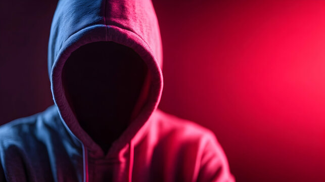 Mysterious Hooded Figure in Red and Blue Light