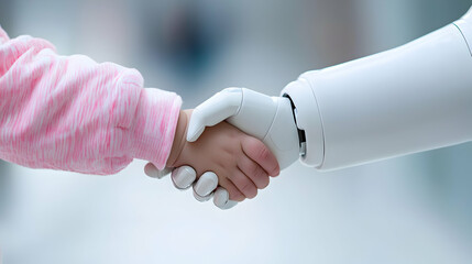 Child and Robot Handshake: Closeup of a Pink-Sweatered Girl's Hand and a White Robotic Hand Shaking