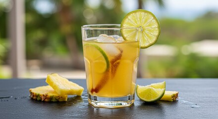 Refreshing Pineapple and Lime Drink with Ice in Glass