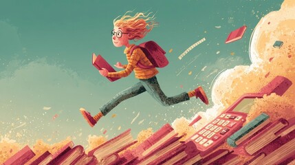 Student running and jumping over books and calculator, pursuing knowledge and education
