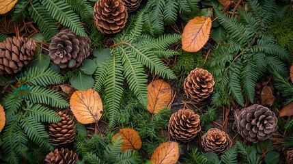 Obraz premium Aspen forest floor close-up showcasing lush green ferns, scattered autumn leaves, pine cones, and natural debris forming rich textural composition with distinctive seasonal elements