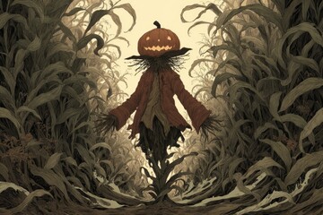 Dark fairytale illustration of a pumpkin headed scarecrow come to life in a cornfield maze