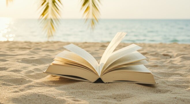 Open Book on Sandy Beach with Ocean View