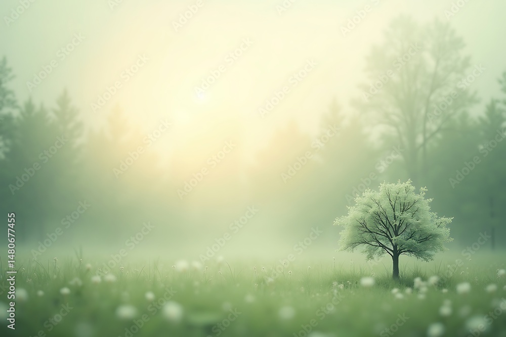 Poster serene landscape featuring a lone tree amidst a dreamy meadow enveloped in a soft and hazy atmospher