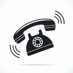 Black Silhouette of a Ringing Vintage Rotary Telephone with Sound Waves on White Background