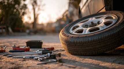 Car mechanic changing a tire at sunset using specialized tools