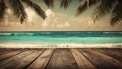 Serene Tropical Beach Scene Wooden Deck, Ocean View, Palm Trees