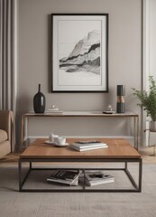 Elegant line art in a simple frame above a coffee table with books ,  abstract,  relaxing,  cozy
