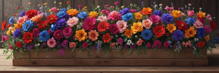 Obraz premium Rotating display of multicolored flowers on a wooden platform Intricate floral design , display, rustic, floral wheel