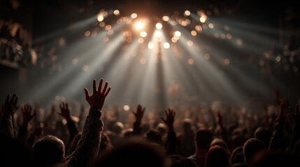 Audience Worshiping: A crowd of individuals with arms raised towards the stage, illuminated by the bright lights. Capturing a moment of passionate devotion and connection.