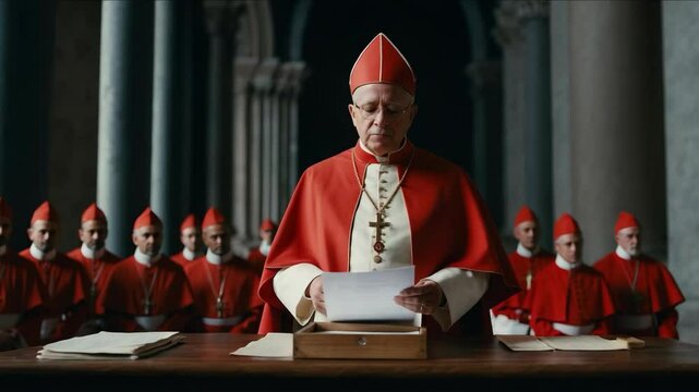 Catholic cardinal standing by the altar, holding a folded ballot as he prepares to cast his vote during the papal conclave. 