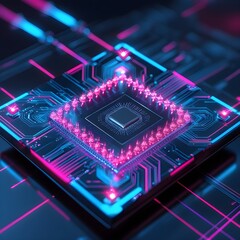 A close-up, abstract image of a computer chip with a central square element surrounded by intricate lines and glowing pink and blue light trails. The chip appears to be emitting energy or processing d